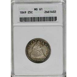 1849 25C MS61 ANACS. Orange and brown patina conceals 