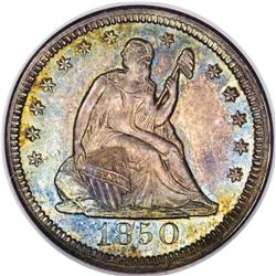 1850 25C MS64 NGC. A sharply detailed near-Gem with ri 