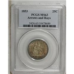 1853 25C Arrows and Rays MS63 PCGS. Reddish-orange ton 