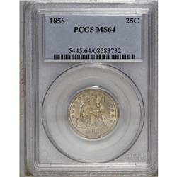 1858 25C MS64 PCGS. Choice and solidly struck with ple 