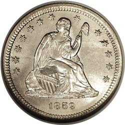 1859 25C MS65 NGC. Gem Mint State examples of the No M 