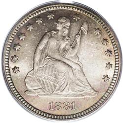 1881 25C MS66 PCGS. Light sea-green centers are framed 