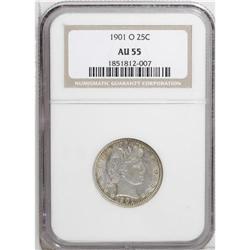 1901-O 25C AU55 NGC. Light wear is evenly distributed 