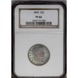 1894 25C PR66 NGC. Warm red-violet toning covers much 