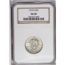 1919-S 25C AU58 NGC. Well-defined over most of the dev 