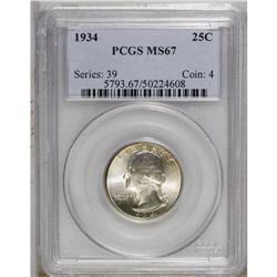 1934 25C Medium Motto MS67 PCGS. Solidly struck and hi 