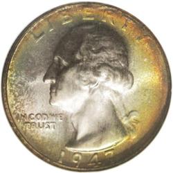 1947-S 25C MS68 NGC. Fire-red and lime-gold borders fr 