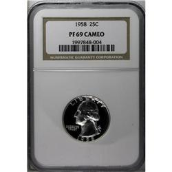 1958 25C PR69 Cameo NGC. A delicately frosted piece th 