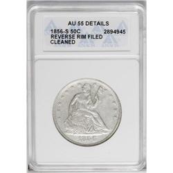 1856-S 50C --Reverse Rim Filed, Cleaned--ANACS. AU55 De 