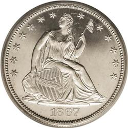 1867 50C PR65 Cameo PCGS. The dark, watery fields disp 