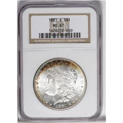1881-S S$1 MS67 NGC. Orange, crimson, and electric-blu 
