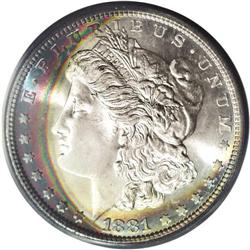 1881-S S$1 MS68 PCGS. Bands of cherry-red, forest-gree 