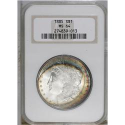 1885 S$1 MS64 NGC. Thin, asymmetric bands of rainbow t 