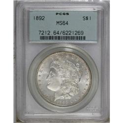 1892 S$1 MS64 PCGS. A lustrous near-Gem that has a sol 