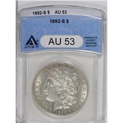 1892-S S$1 AU53 ANACS. A lightly worn piece with pale 