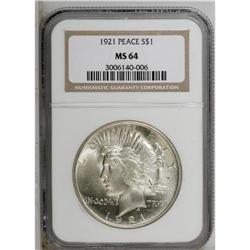 1921 S$1 MS64 NGC. Silver-gray patina, tinged with oli 
