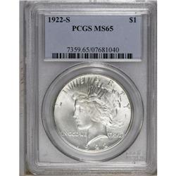 1922-S S$1 MS65 PCGS. Traces of tan toning preclude fu 