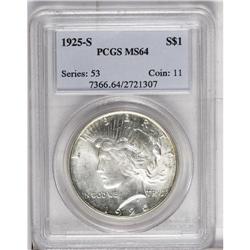 1925-S S$1 MS64 PCGS. A strongly lustrous piece that h 