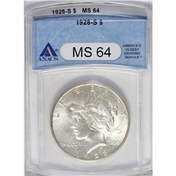 1928-S S$1 MS64 ANACS. Streaks of russet and tobacco-b 