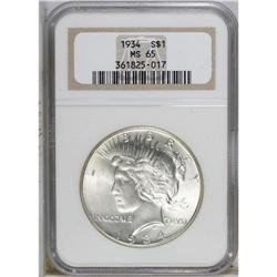 1934 S$1 MS65 NGC. Brilliant and boldly struck with gr 
