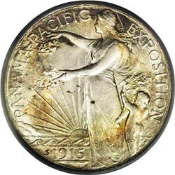 1915-S 50C Panama-Pacific MS67 PCGS. Lovely peach-gold 