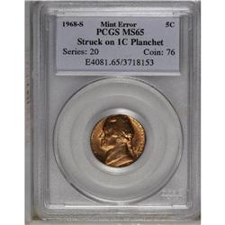 1968-S 5C Nickel--Struck on 1C Planchet--MS65 PCGS. 