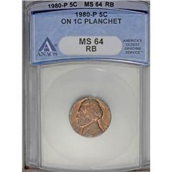 1980-P 5C --Struck on a Cent Planchet--MS64 Red and Bro 