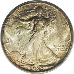 1920 50C MS65 PCGS. Autumn-brown toning adorns the mar 