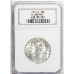 1943-S 50C MS66 NGC. FS-010.5. Trumpet tail S. A lustr 