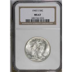 1945-S 50C MS67 NGC. Wisps of cream and gold patina ad 