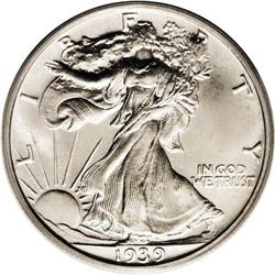 1939 50C PR67 PCGS. Delicate gold, lime, and ice-blue 