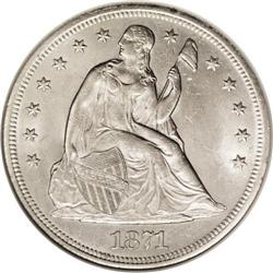 1871 S$1 MS63 NGC. The silver-white surfaces are thick 