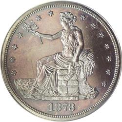 1873 T$1 PR62 ANACS. Rich cobalt-blue and ruby-red sha 
