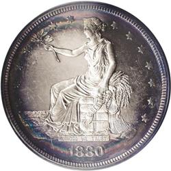 1880 T$1 PR63 Cameo PCGS. Concentric rainbow rings of 
