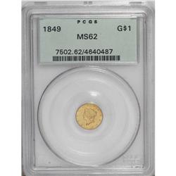 1849 G$1 Open Wreath MS62 PCGS. A gleaming yellow-oran 
