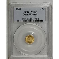 1849 G$1 Open Wreath MS63 PCGS. Small Head, With L. Th 
