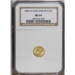 1849 G$1 Closed Wreath MS64 NGC. Large Head, With L. T 