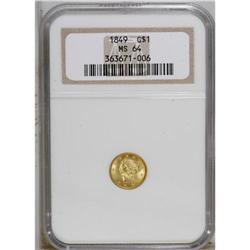 1849 G$1 Open Wreath MS64 NGC. Large Head. With L. Thi 