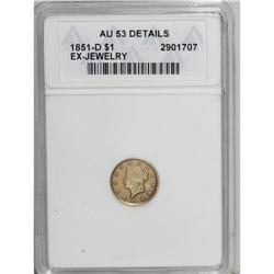 1851-D G$1 --Ex-Jewelry--ANACS. AU53 Details. Variety 3 
