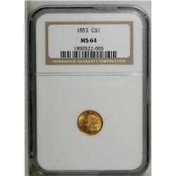 1853 G$1 MS64 NGC. Lovely copper-gold and green color 