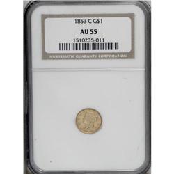 1853-C G$1 AU55 NGC. Variety 8-I. This green-gold Char 