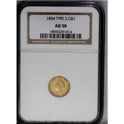 1854 G$1 Type Two AU58 NGC. A reflective yellow-gold p 