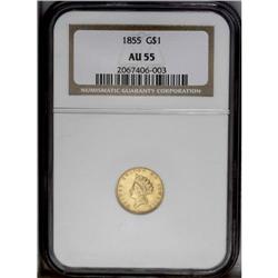 1855 G$1 AU55 NGC. A still-lustrous mustard-gold piece 