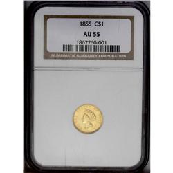 1855 G$1 AU55 NGC. Minor wear blends with the soft str 