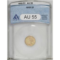 1855 G$1 AU55 ANACS. A charming honey-gold example of 