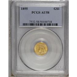 1855 G$1 AU58 PCGS. A hint of highpoint friction appea 