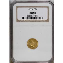 1855 G$1 AU58 NGC. Ample original luster remains on th 