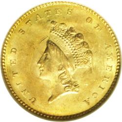 1855 G$1 MS64 NGC. Beautiful peach and mint-green colo 