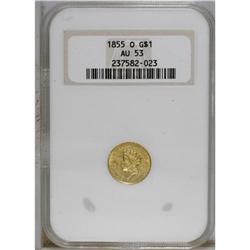1855-O G$1 AU53 NGC. A lightly worn piece with still-l 