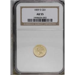 1859-S G$1 AU55 NGC. Light, even wear is noted on this 